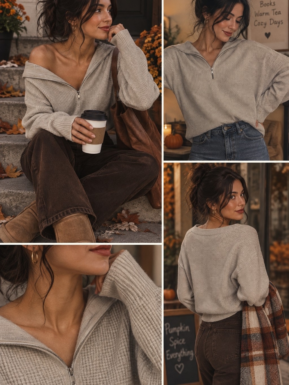 Aerie Cream Taupe Zip-Neck Pullover